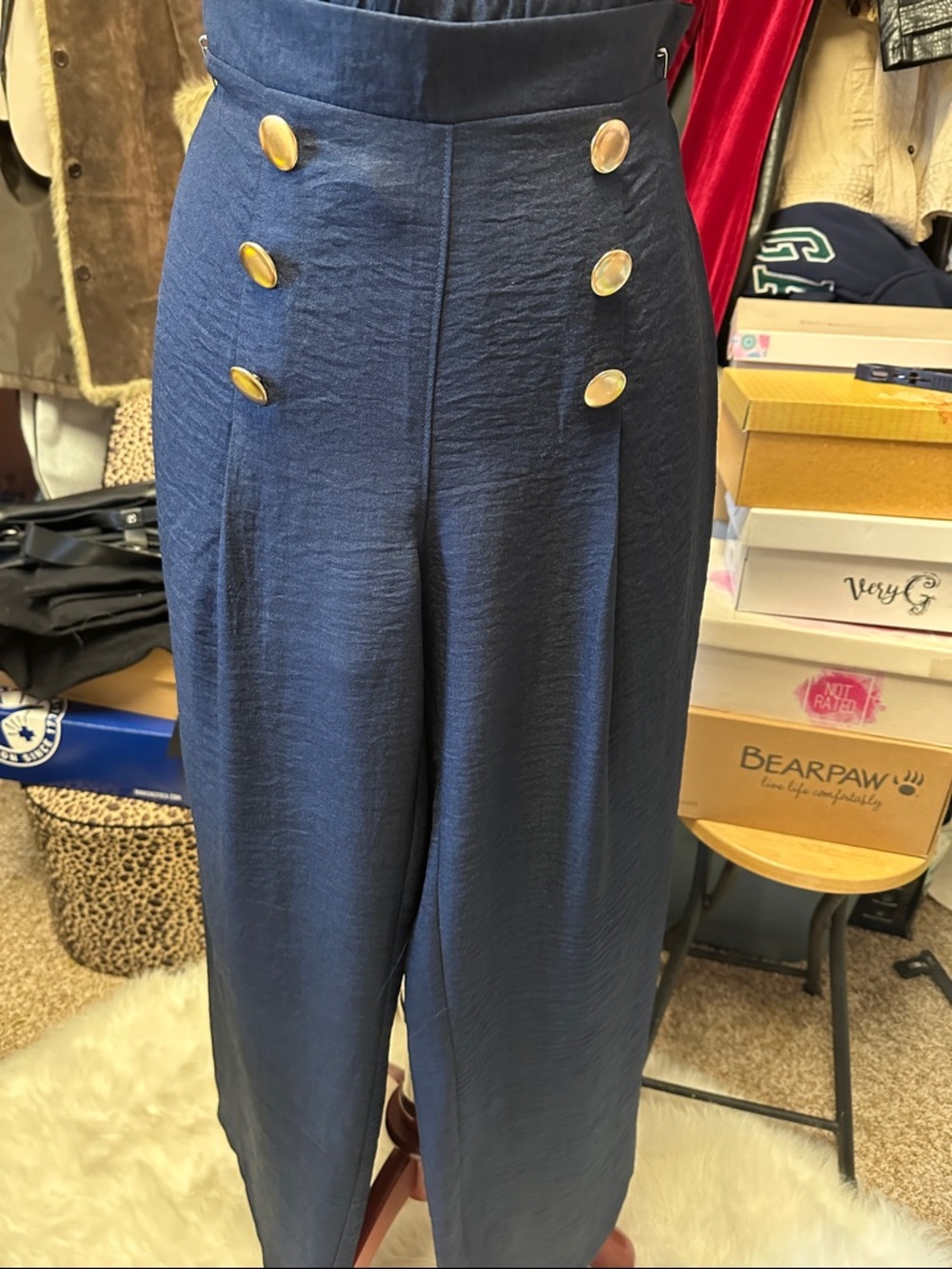 Wren Navy Wide-Leg High-Rise Trousers with Gold Buttons